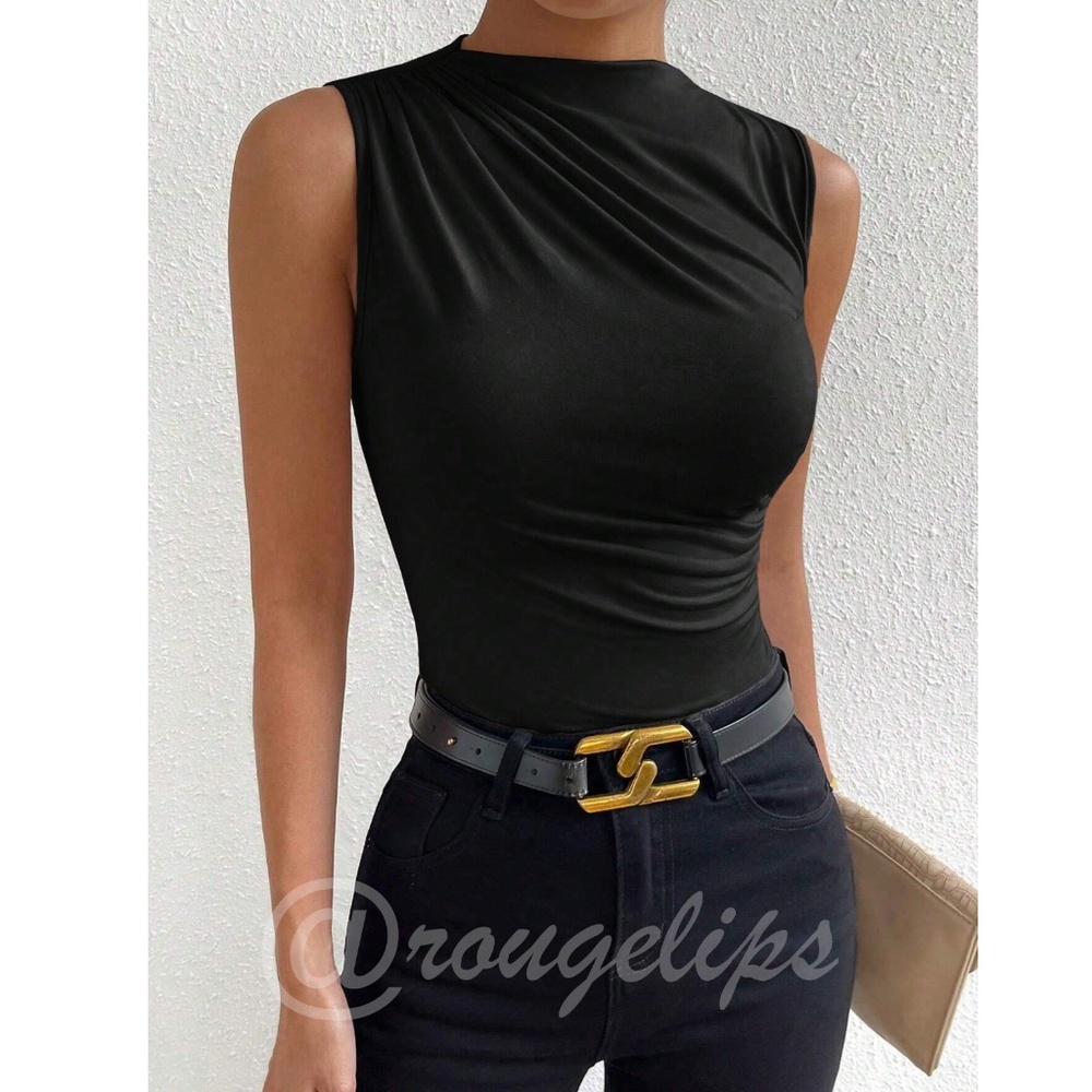 Ruched Black Asymmetrical Sleeveless Shirt Top Stretchy - Picture 7 of 11